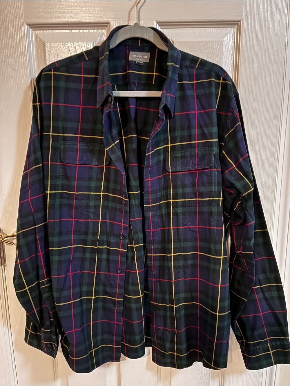 LL Bean Mens Navy Plaid Button-Up Shirt Jacket - Dark Blue/Green